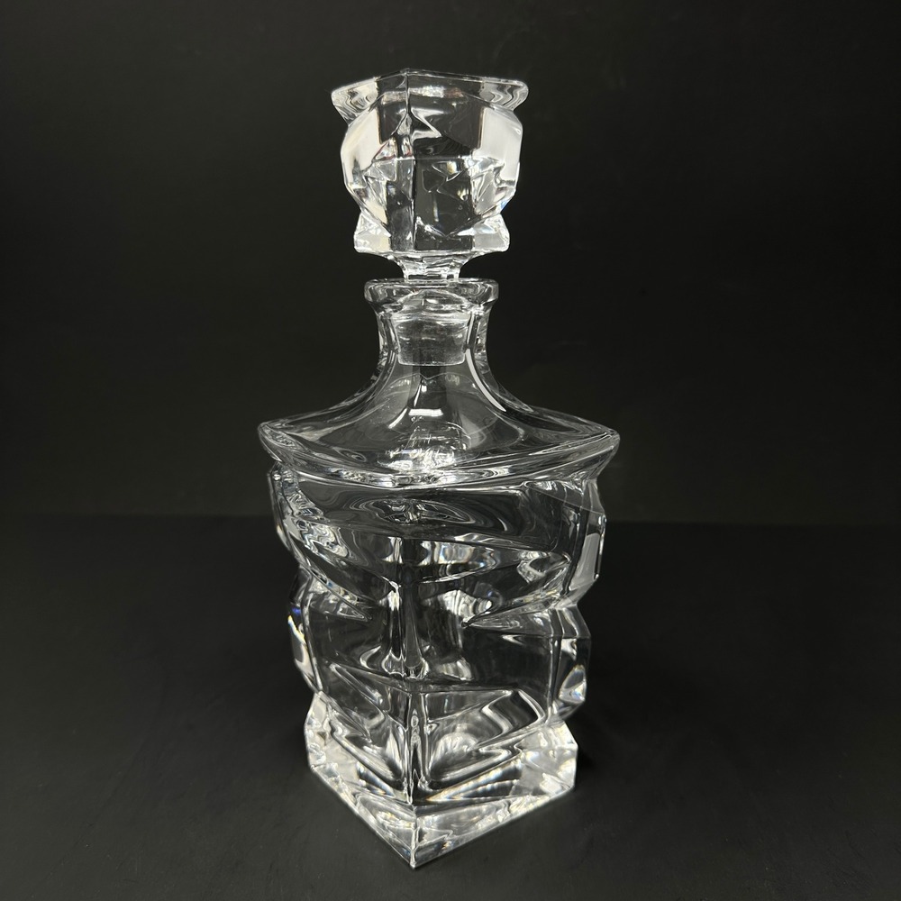 Modernist Brutalist Clear Crystal Glass Whiskey Decanter Geometric Stopper 10in